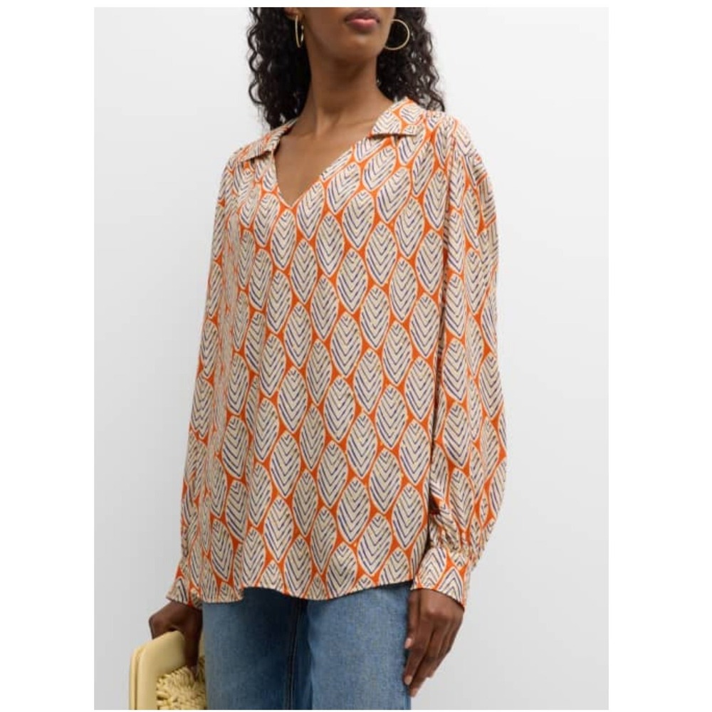 Finley Sparkle Leaf Top Womens S‎ Orange Metallic Oversized Fits M L Boho V-Neck